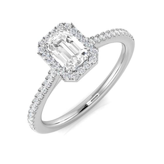 0.65ct SI1/G Emerald cut Natural Diamond Halo Ring in Platinum