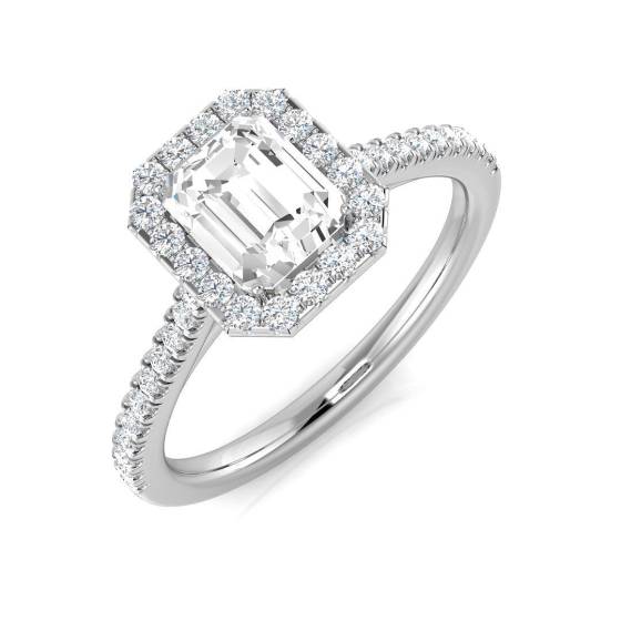 1.25ct SI1/G Emerald cut Natural Diamond Halo Ring in Platinum