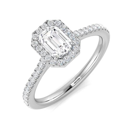 0.77ct SI1/G Emerald cut Natural Diamond Halo Ring in Platinum