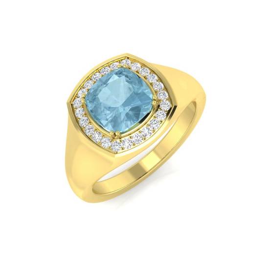 1.59ct SI2/G Cushion cut Aquamarine Gemstone Bezel Set Ring in 18k Yellow Gold