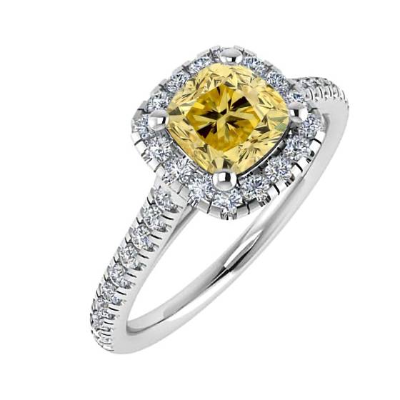 1.05ct SI1/FIY Cushion Yellow Diamond Halo Shoulder Set