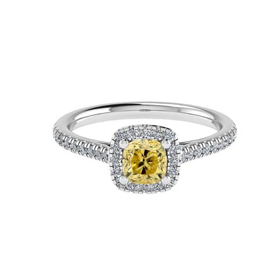 1.20ct SI1/FY Cushion Natural Fancy Yellow Diamond Halo Shoulder Set Ring