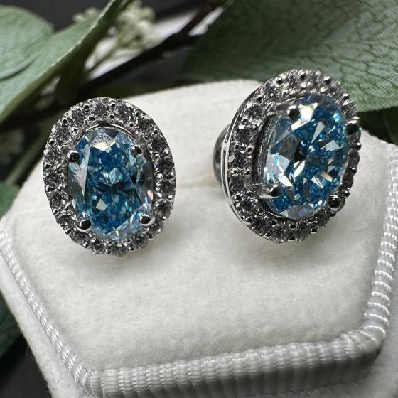 Lab Grown 5.00ct VS1/Vivid Blue Oval Natural Diamond Earrings