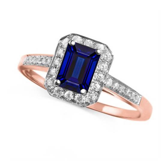 Emerald Blue Sapphire and Diamond Halo Ring