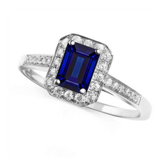 Emerald Blue Sapphire and Diamond Halo Ring