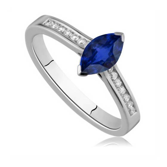 Two Prong Marquise Blue Sapphire Round Shoulder Set Ring