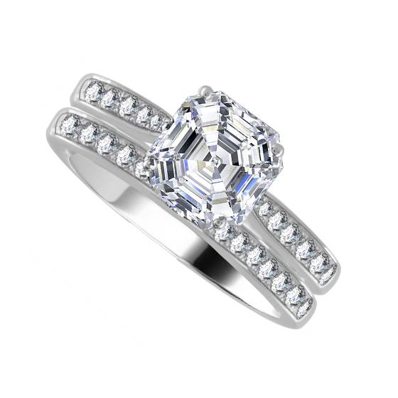 Asscher Diamond Shoulder Set Ring With Matching Band