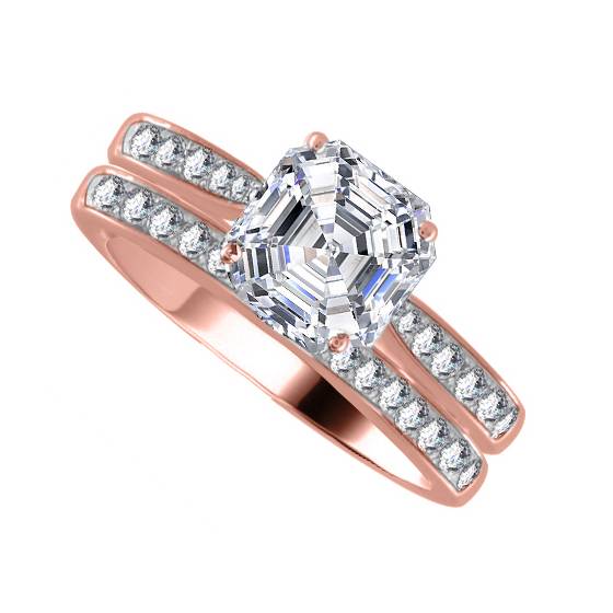 Asscher Diamond Shoulder Set Ring With Matching Band