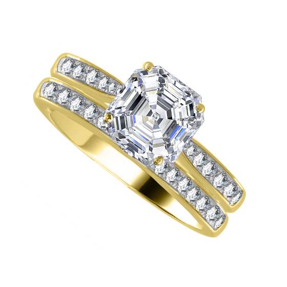 Asscher Diamond Shoulder Set Ring With Matching Band