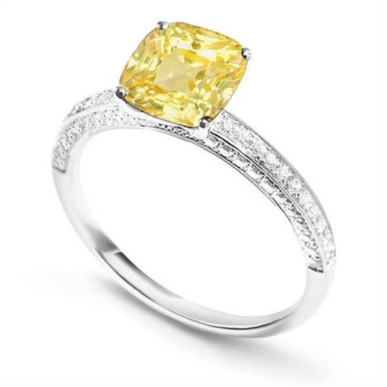 Fancy Yellow Cushion Diamond Single Halo Shoulder Set Ring