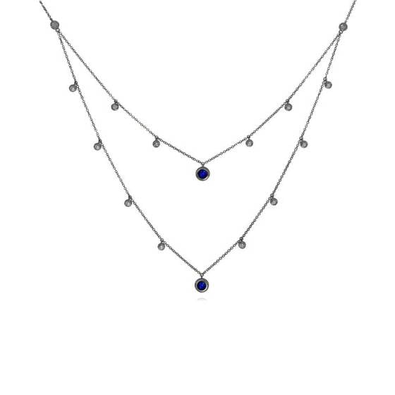 0.60ct Blue Sapphire and Diamond Rubover Set Layered Necklace