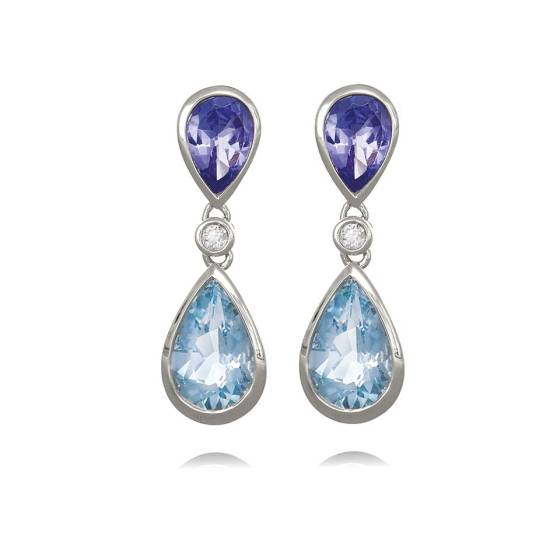 0.05ct Tanzanite and Aquamarine Pear Drop Earrings