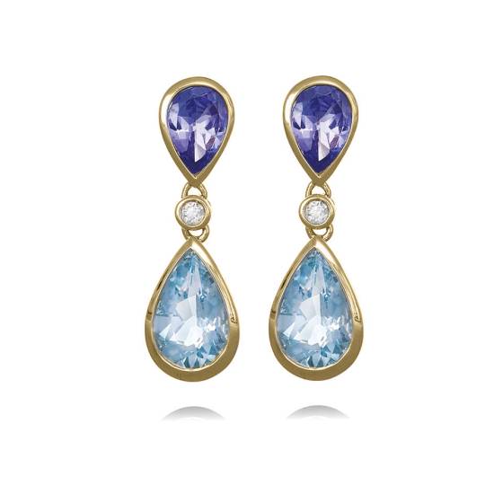 0.05ct Tanzanite and Aquamarine Pear Drop Earrings