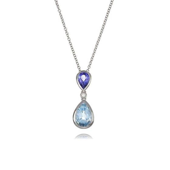 0.05ct Tanzanite and Aquamarine Pear Drop Pendant and Chain
