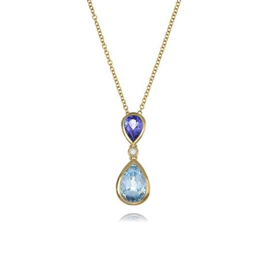 0.05ct Tanzanite and Aquamarine Pear Drop Pendant and Chain