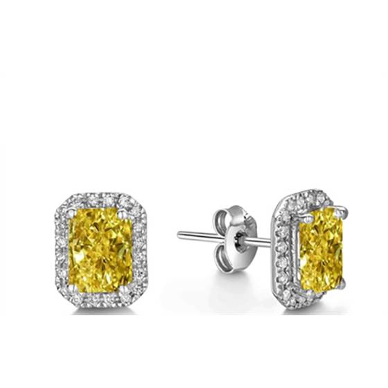 Fancy Yellow Radiant Diamond Halo Earrings