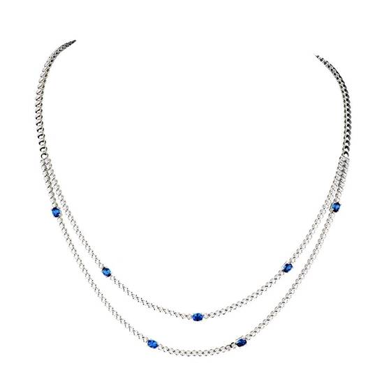 2.70ct VS/F-G Oval And Round Double Row Necklace Diamond and Blue Sapphire