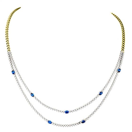 2.70ct VS/F-G Oval And Round Double Row Necklace Diamond and Blue Sapphire
