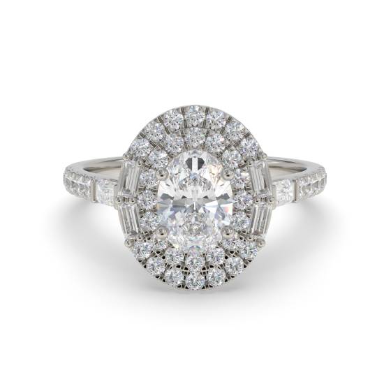 1.00ct Oval Diamond Double Halo Round And Baguette Side And Shoulder Set Ring