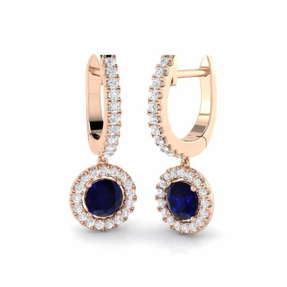 Round Blue Sapphire and Diamond Halo Drop Earrings