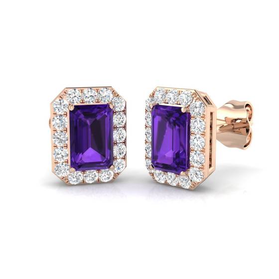 Emerald Cut Amethyst and Round Diamond Halo Earrings