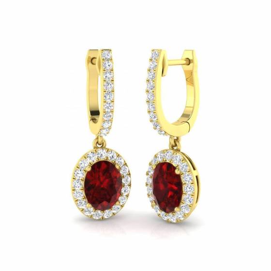 Oval and Round Ruby and Diamond Halo Drop Earrings