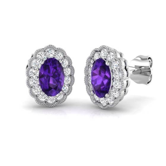Oval Amethyst and Round Diamond Halo Earrings