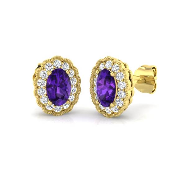 Oval Amethyst and Round Diamond Halo Earrings