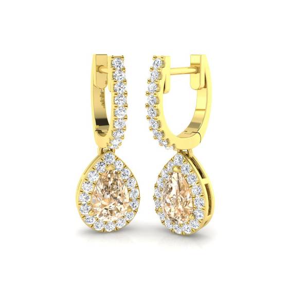Pear and Round Morganite and Diamond Halo Drop Earrings