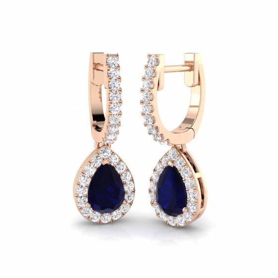 Pear and Round Blue Sapphire and Diamond Halo Drop Earrings