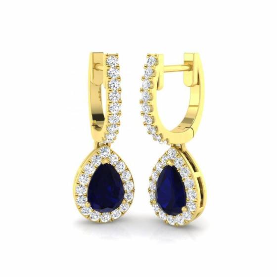 Pear and Round Blue Sapphire and Diamond Halo Drop Earrings