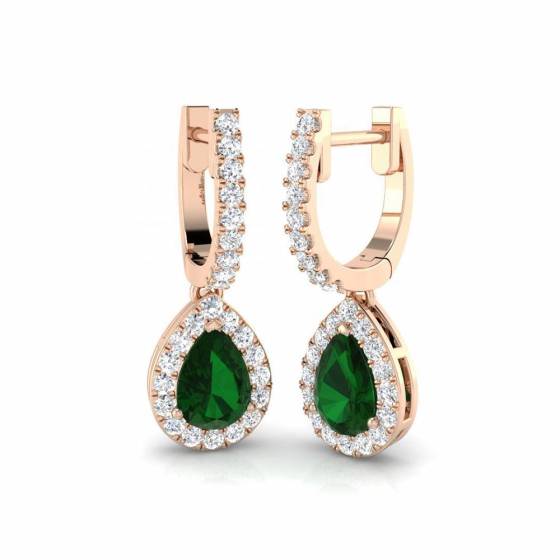 Pear and Round Emerald and Diamond Halo Drop Earrings