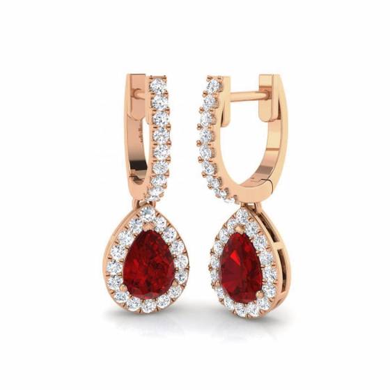 Pear and Round Ruby and Diamond Halo Drop Earrings