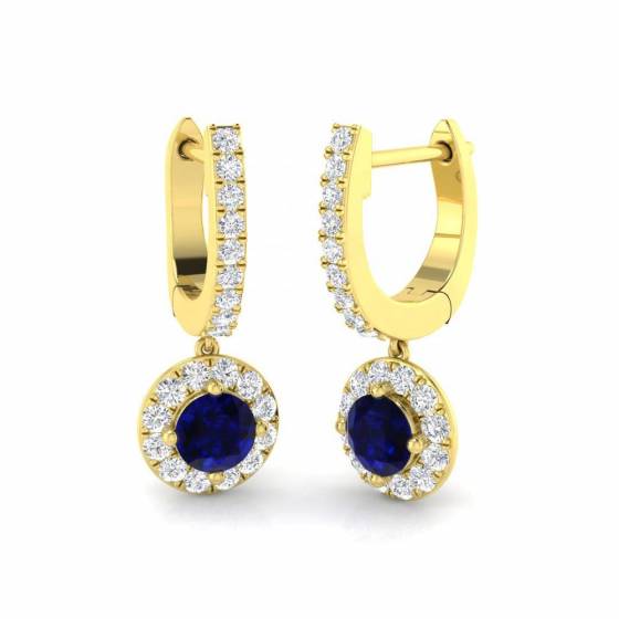 Round Blue Sapphire and Diamond Halo Drop Earrings