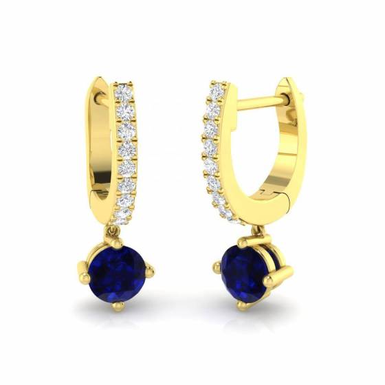 Round Blue Sapphire and Diamond Hoop Earrings