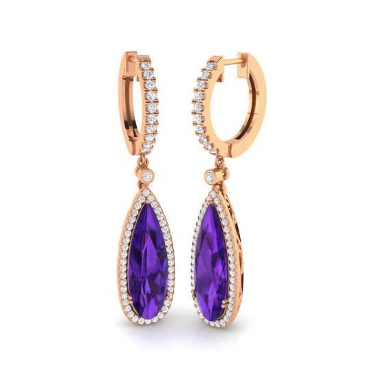 Pear Amethyst and Round Diamond Halo Drop Earrings
