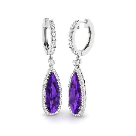 Pear Amethyst and Round Diamond Halo Drop Earrings