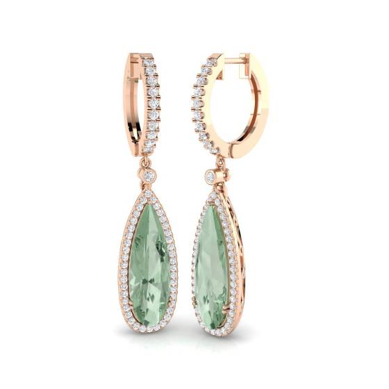 Pear Green Amethyst and Round diamond Halo Drop Earrings