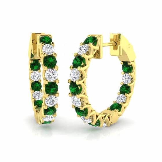 Round Emerald Gemstone and Diamond Hoop Earrings