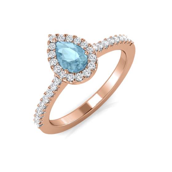 Pear and Round Diamond Aquamarine Halo Shoulder Set Gemstone Ring