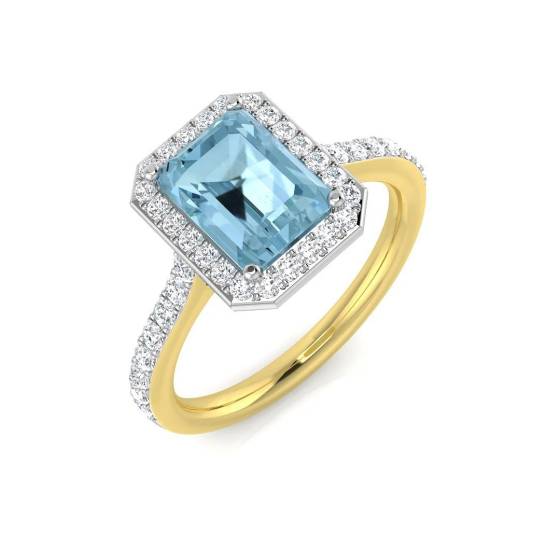 Emerald and Round Diamond Aquamarine Halo Shoulder Set Gemstone Ring