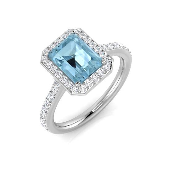 Emerald and Round Diamond Aquamarine Halo Shoulder Set Gemstone Ring