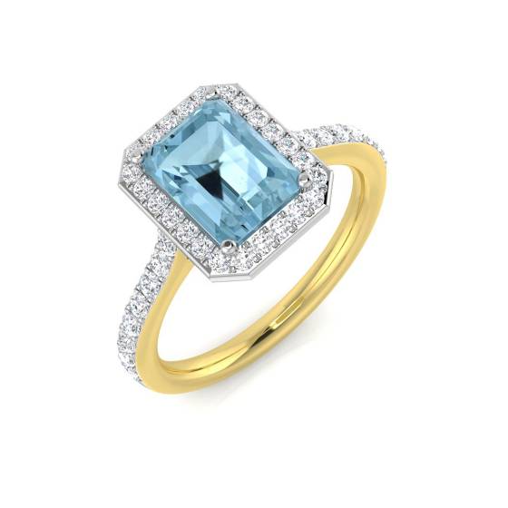 Emerald and Round Diamond Aquamarine Halo Shoulder Set Gemstone Ring