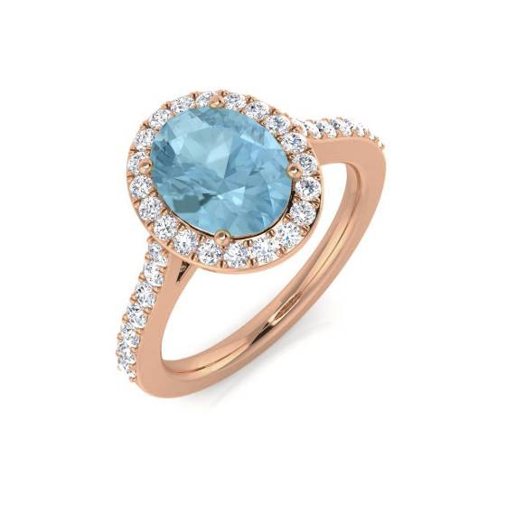 Oval and Round Diamond Aquamarine Halo Shoulder Set Gemstone Ring