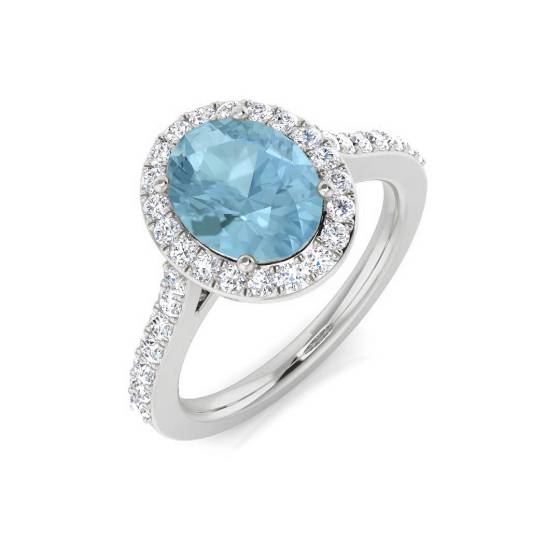 Oval and Round Diamond Aquamarine Halo Shoulder Set Gemstone Ring