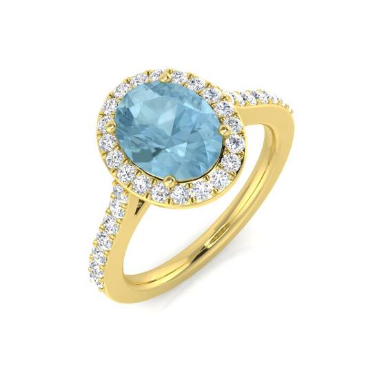 Oval and Round Diamond Aquamarine Halo Shoulder Set Gemstone Ring