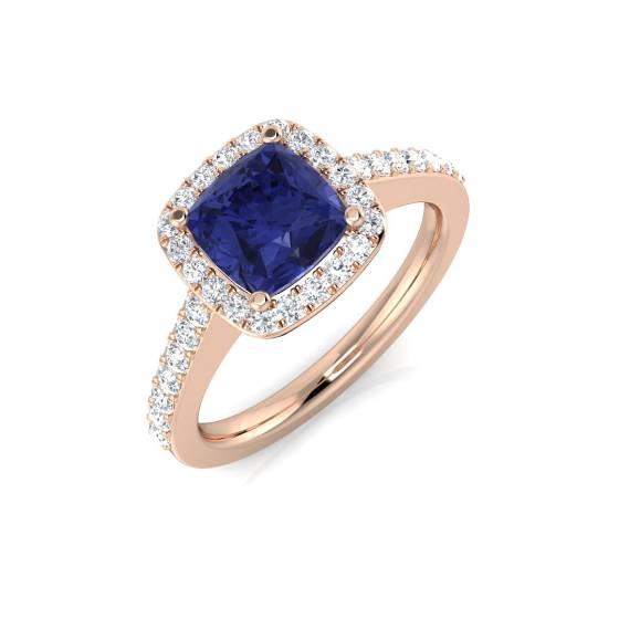 3.20ct VS/E-F Cushion Blue Tanzanite and Round Diamond Set Halo Shoulder Set Ring