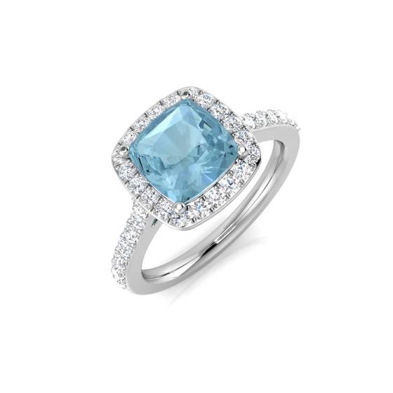 Cushion and Round Diamond Aquamarine Halo Shoulder Set Gemstone Ring