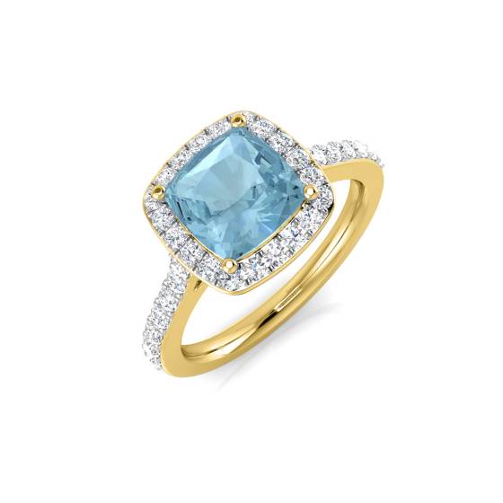 Cushion and Round Diamond Aquamarine Halo Shoulder Set Gemstone Ring