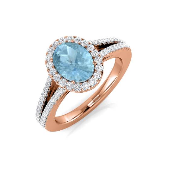 Oval and Round Diamond Aquamarine Halo Split Shoulder Set Gemstone Ring
